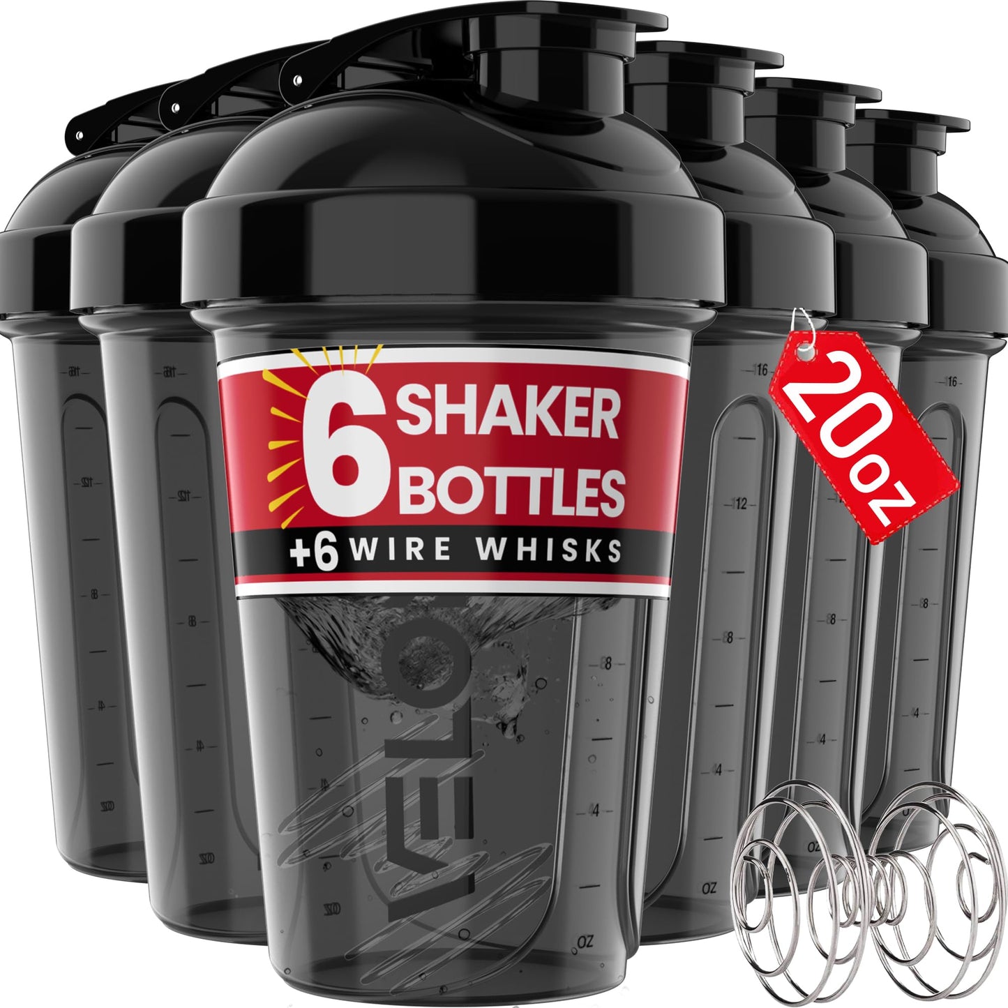 VELOMIX -6 PACK- 20 OZ Protein Shaker Bottles for Protein Mixes Shaker Cups for Protein Shakes Small Shaker Bottle Pack Shaker Cup Shakers for protein Shakes (20 OZ - 6 PACK BLACK) EasyOptionXY