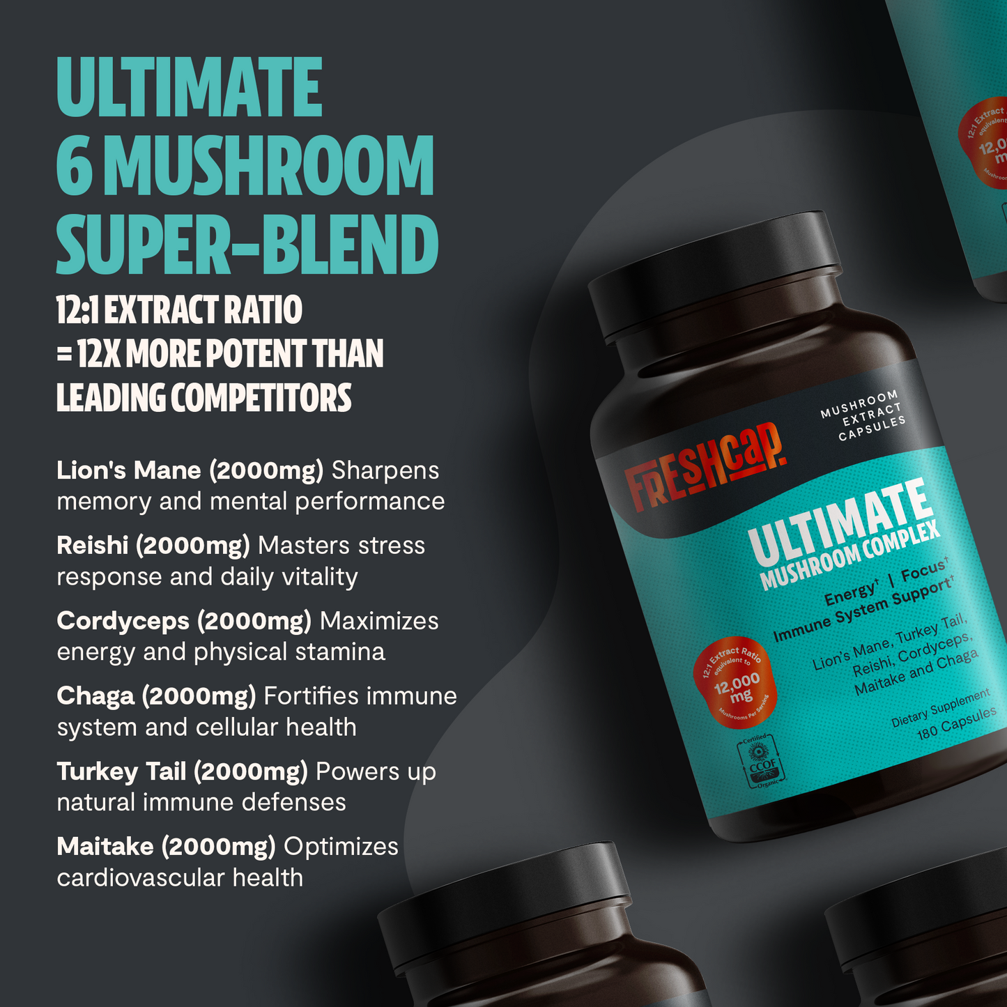 Organic Mushroom Complex Supplement Capsules FreshCap Mushrooms