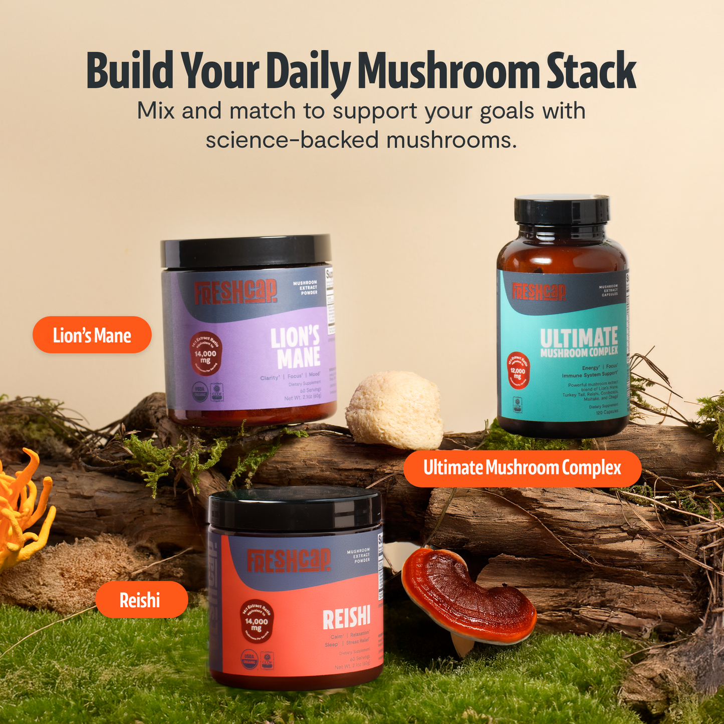 Organic Mushroom Complex Supplement Capsules FreshCap Mushrooms